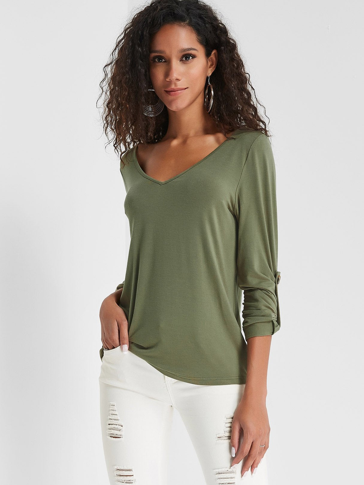 Wholesale Olive V-Neck Cozy Tee