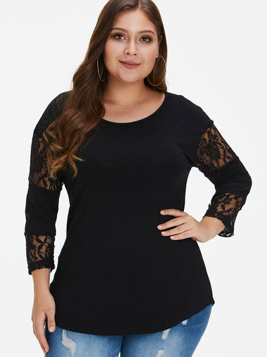 Wholesale Round Neck Plain Lace See Through Long Sleeve Black Plus Size Tops
