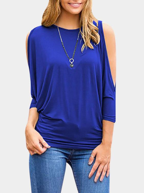 Wholesale Round Neck Cold Shoulder Pleated 3/4 Sleeve Royal Blouses