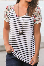 Wholesale Round Neck Stripe Floral Print Short Sleeve T-Shirt