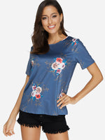 Wholesale Crew Neck Floral Print Short Sleeve Blue Blouses