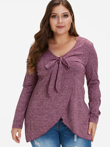 Wholesale V-Neck Plain Long Sleeve Purple Plus Size Tops