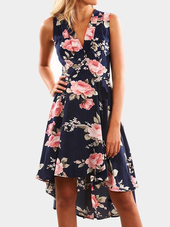 Wholesale V-Neck Sleeveless Printed Crossed Front Dresses