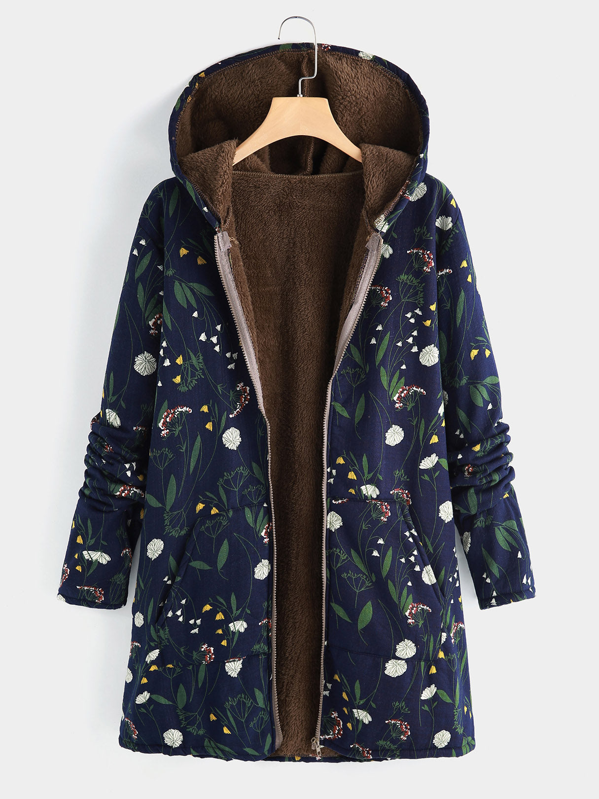 Wholesale Floral Print Side Pockets Hooded Long Sleeve Plus Size Coats & Jackets