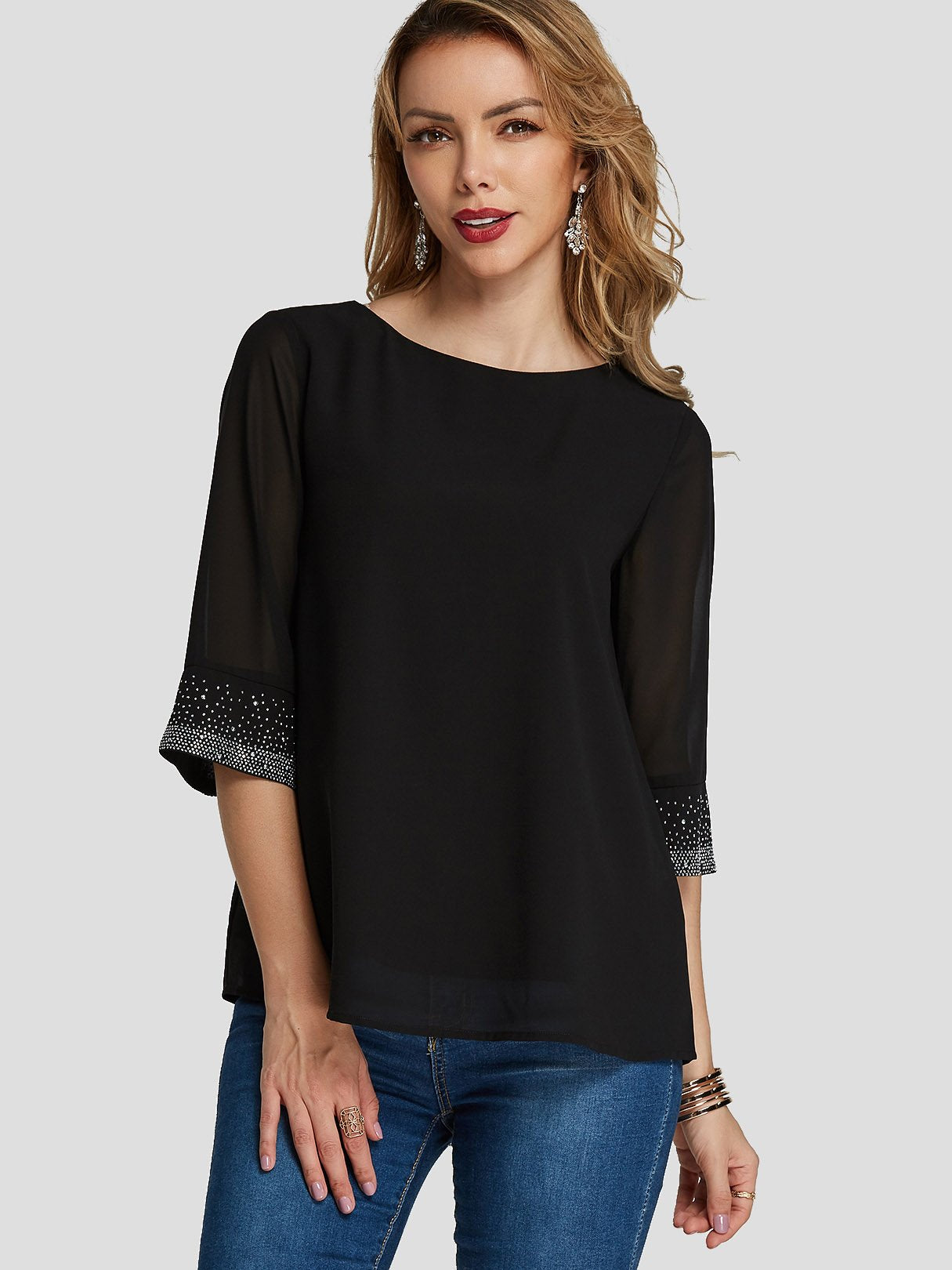 Wholesale Round Neck Sheer Sequins Embellished Half Sleeve Black T-Shirts