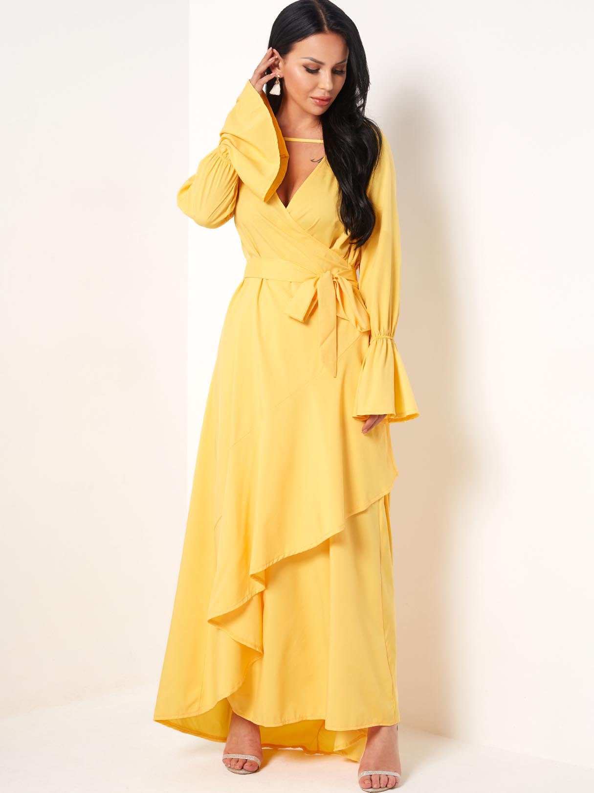 OEM Ladies Yellow V-Neck Dresses