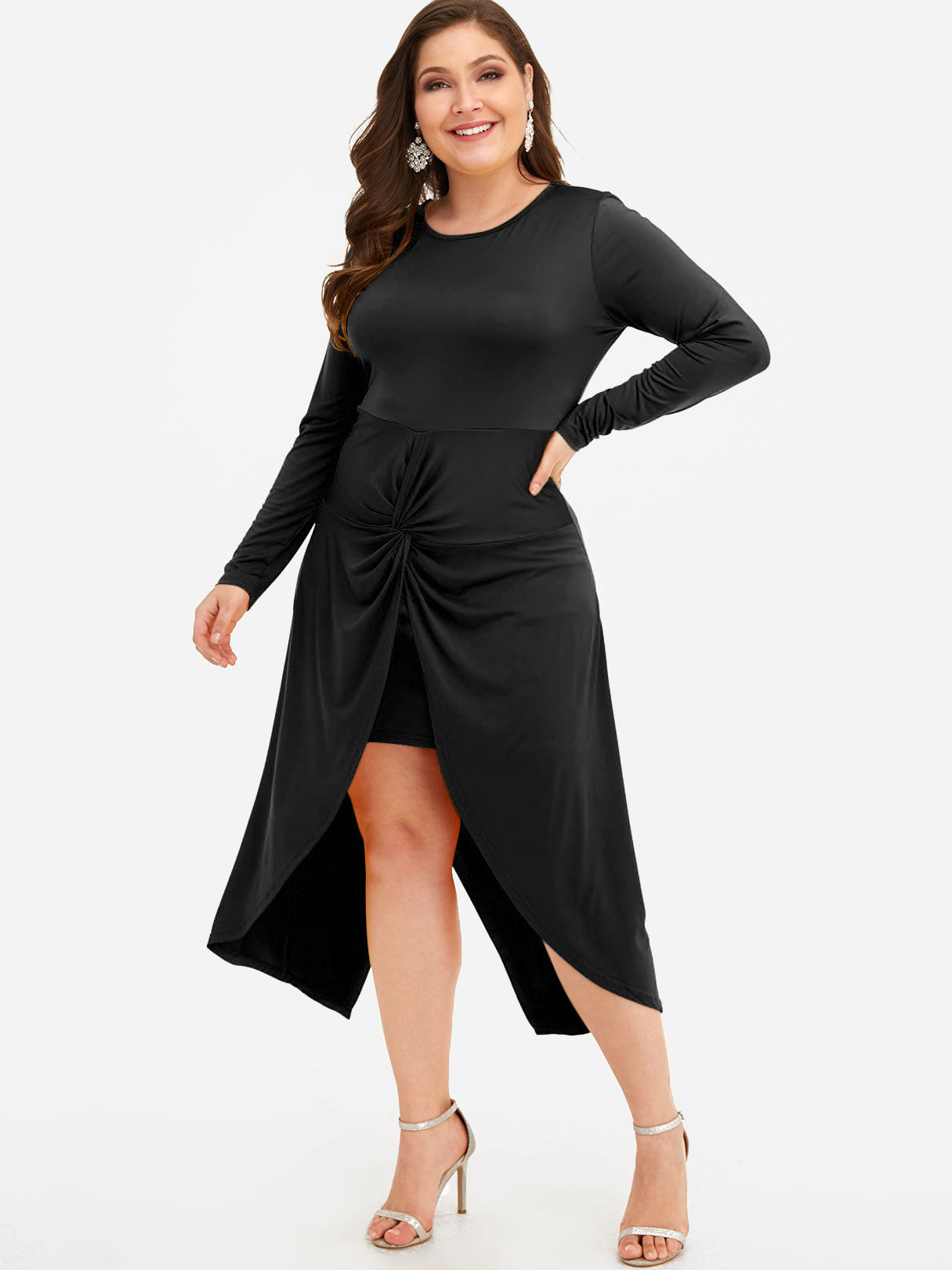 Wholesale Round Neck Plain Tiered Long Sleeve Curved Hem Black Plus Size Dresses