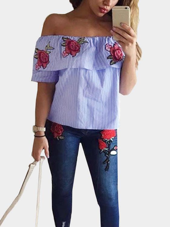 Wholesale Off The Shoulder Stripe Embroidered Short Sleeve Blue Top