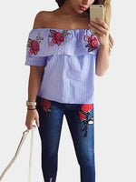 Wholesale Off The Shoulder Stripe Embroidered Short Sleeve Blue Top