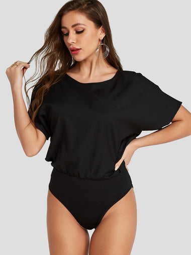 Wholesale Round Neck Short Sleeve Black Bodysuits