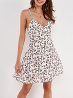 Wholesale White V-Neck Sleeveless Floral Print Backless Mini Dresses