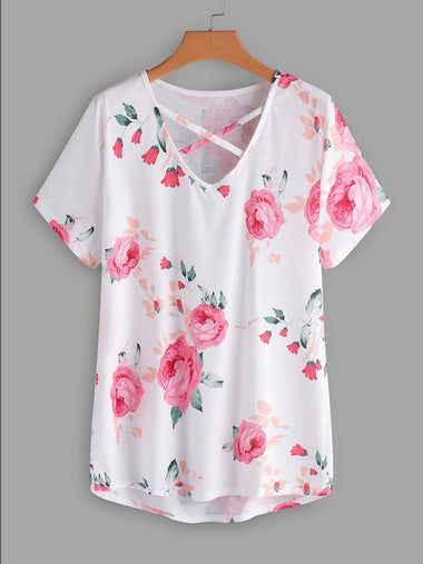 Wholesale V-Neck Floral Print Criss-Cross Short Sleeve Flounced Hem Plus Size Tops