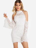 Wholesale White Cold Shoulder Long Sleeve Lace Mini Dress