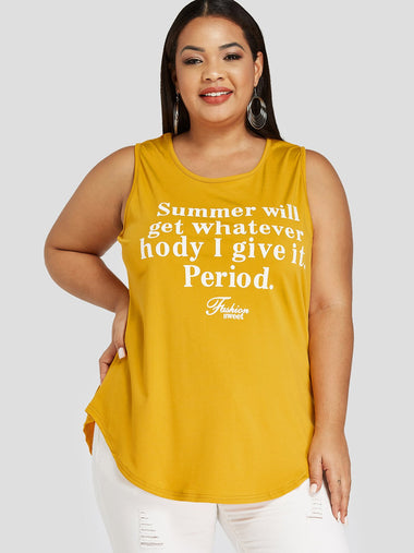 Wholesale Round Neck Letter Sleeveless Yellow Plus Size Tops