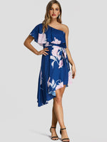 Wholesale Navy One Shoulder Floral Print Tiered Belt Irregular Hem Dresses