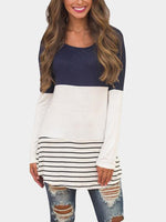 Wholesale Round Neck Stripe Lace Insert Long Sleeve Curved Hem T-Shirts