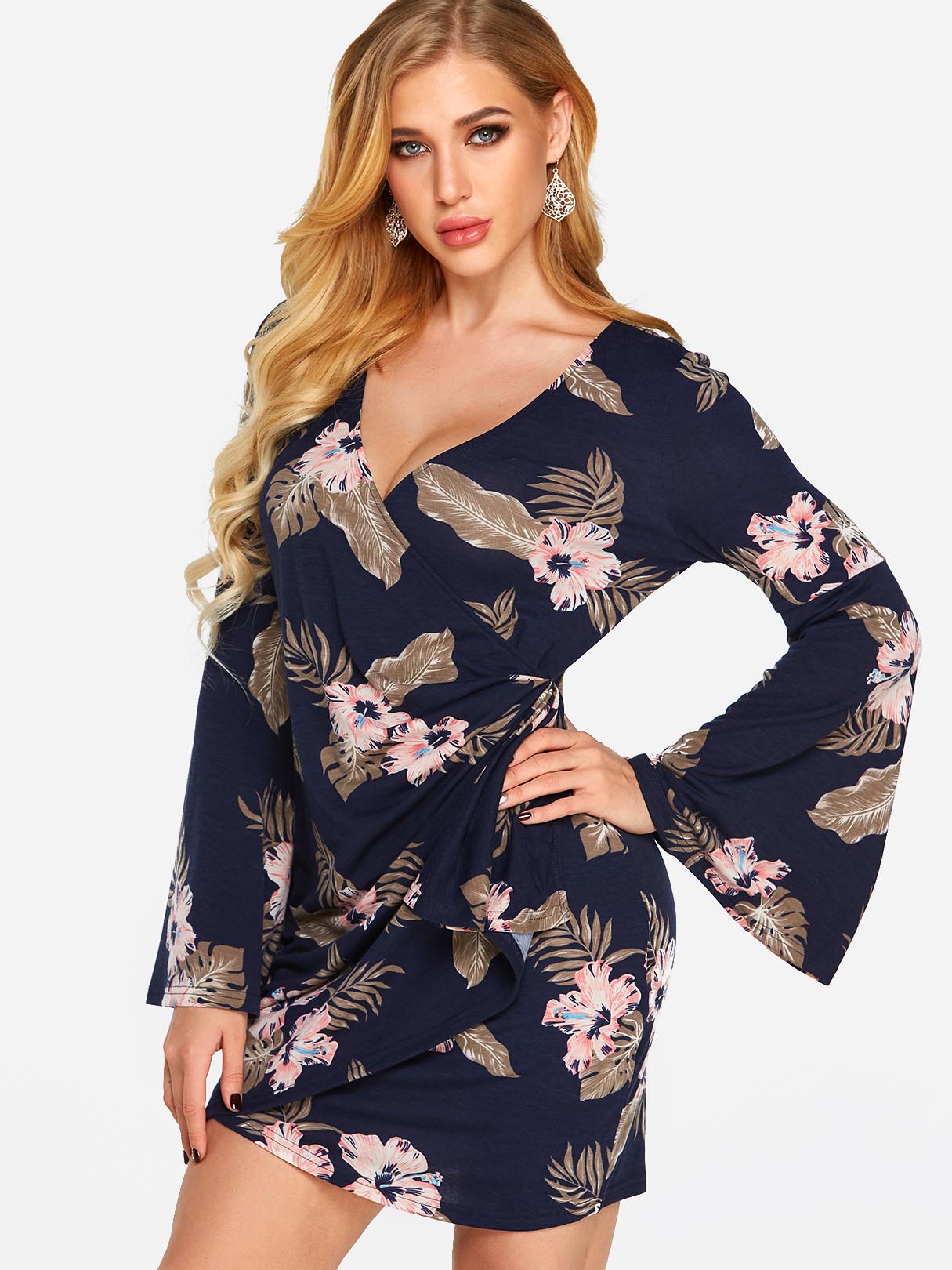Wholesale V-Neck Long Sleeve Floral Print Crossed Front Dresses