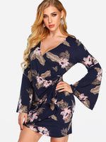 Wholesale V-Neck Long Sleeve Floral Print Crossed Front Dresses