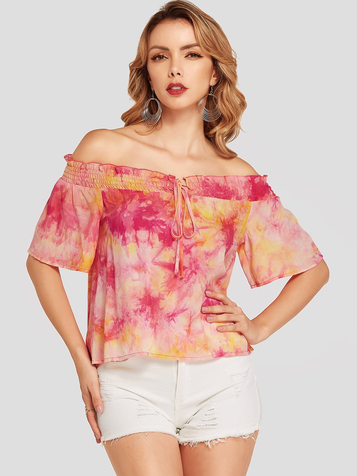 Wholesale Off The Shoulder Fantasy Colour Half Sleeve Blouses