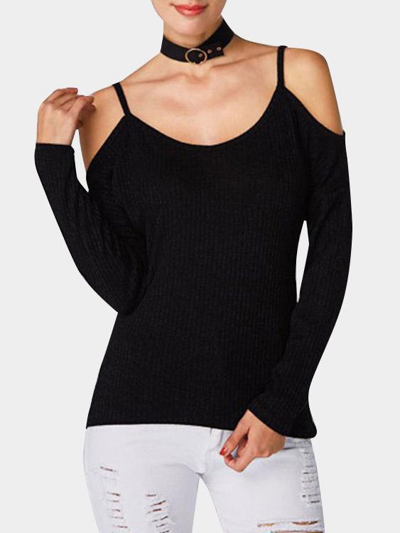 Wholesale Spaghetti Cold Shoulder Long Sleeves T-Shirt