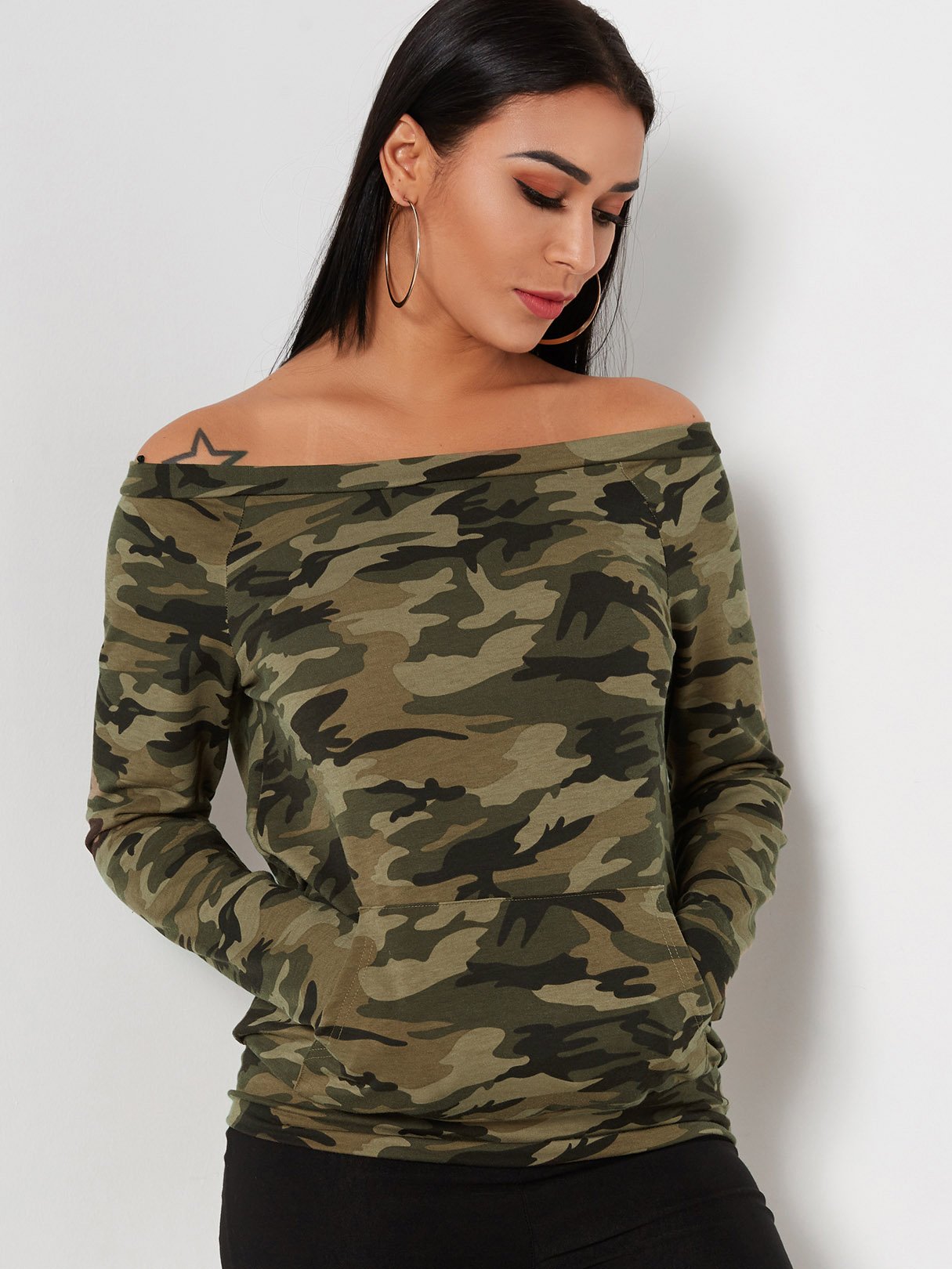 Wholesale Off The Shoulder Camouflage Pocket Long Sleeve Camouflage T-Shirts