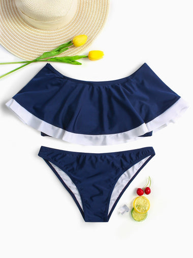 Wholesale Navy Off The Shoulder Short Sleeve Ruffle Hem Two Piece Bikinis