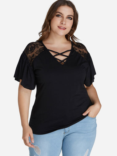 Wholesale Round Neck Plain Short Sleeve Black Plus Size Tops