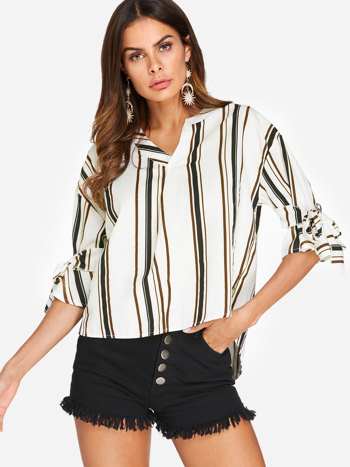 Wholesale Stripe Pattern V-Neck Tie-Up At Cuffs High-Low Hem Tee