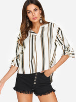 Wholesale Stripe Pattern V-Neck Tie-Up At Cuffs High-Low Hem Tee