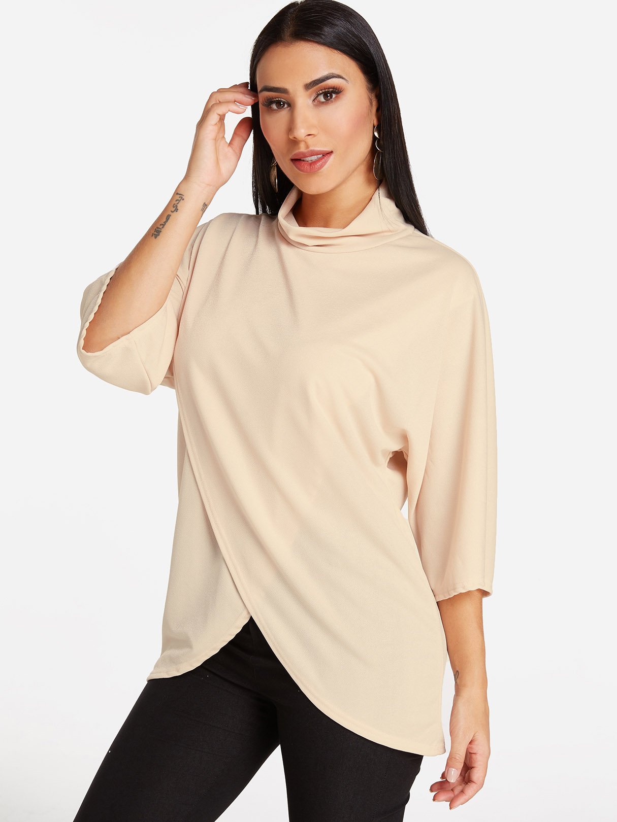 Wholesale Perkins Collar Plain Crossed Front Slit Half Sleeve Irregular Hem Apricot Blouses