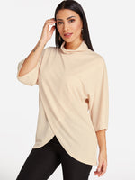 Wholesale Perkins Collar Plain Crossed Front Slit Half Sleeve Irregular Hem Apricot Blouses