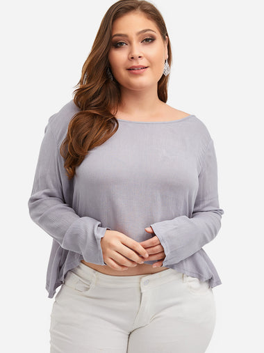 Wholesale Round Neck Plain Self-Tie Criss-Cross Long Sleeve Grey Plus Size Tops