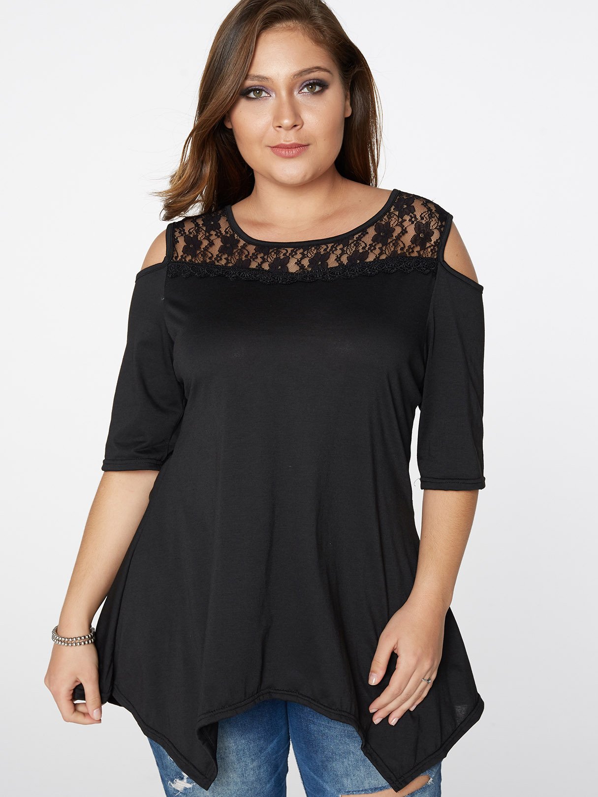 Wholesale Scoop Neck Cold Shoulder Plain Lace Half Sleeve Irregular Hem Black Plus Size Tops