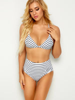 Wholesale V-Neck Sleeveless Stripe High-Waisted Two Piece Bikinis