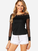 Wholesale Long Sleeve Round Neck Lace Black Tee