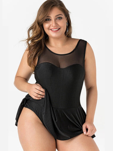 Wholesale Scoop Neck See Through Sleeveless Flounced Hem Black Plus Size Swimwear