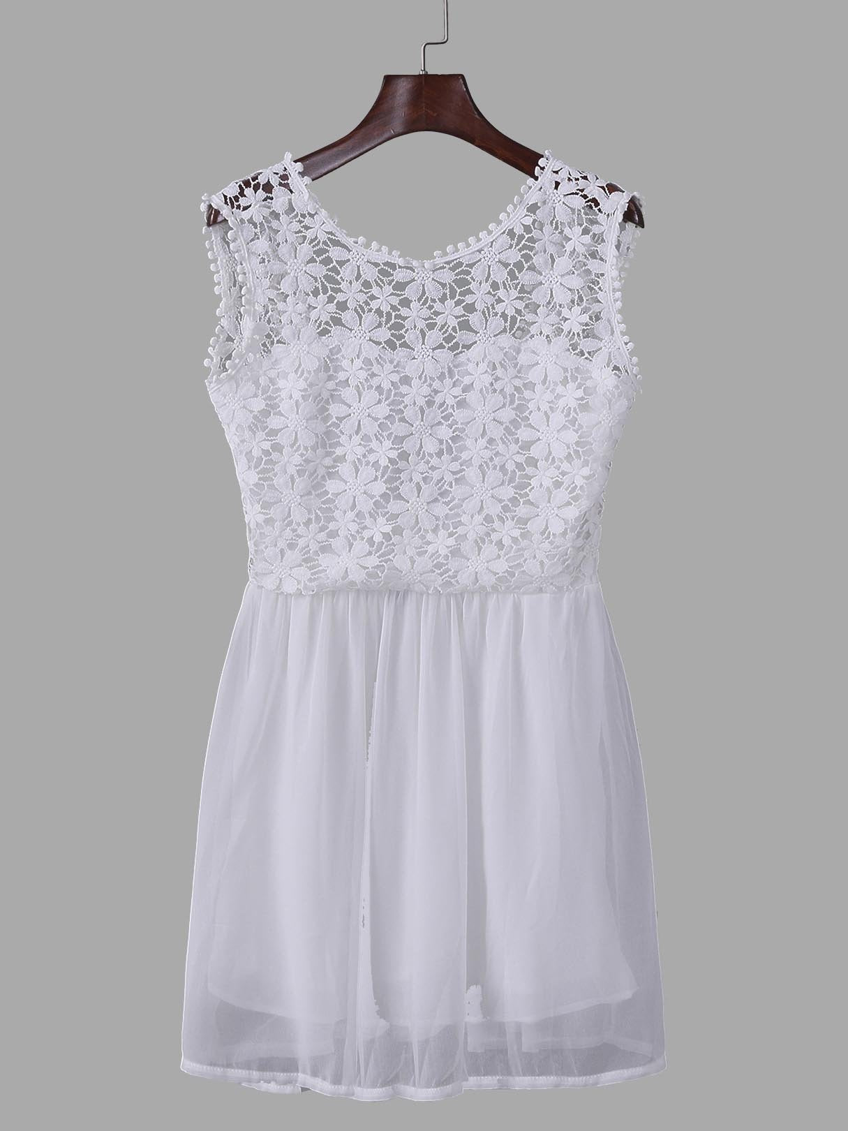 Wholesale White Round Neck Sleeveless Crochet Lace Embellished Backless Mini Dress