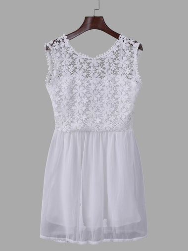 Wholesale White Round Neck Sleeveless Crochet Lace Embellished Backless Mini Dress