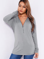 Wholesale V-Neck Plain Zip Back Long Sleeve Grey T-Shirts