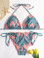 Wholesale Orange V-Neck Sleeveless Printed Tie-Up Bikinis