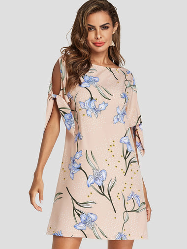 Wholesale Round Neck Cold Shoulder Short Sleeve Floral Print Cut Out Mini Dresses