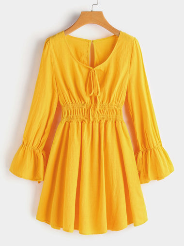 Wholesale Scoop Neck Plain Cut Out Pleated Self-Tie Long Sleeve Ruffle Hem Yellow Casual Dresses