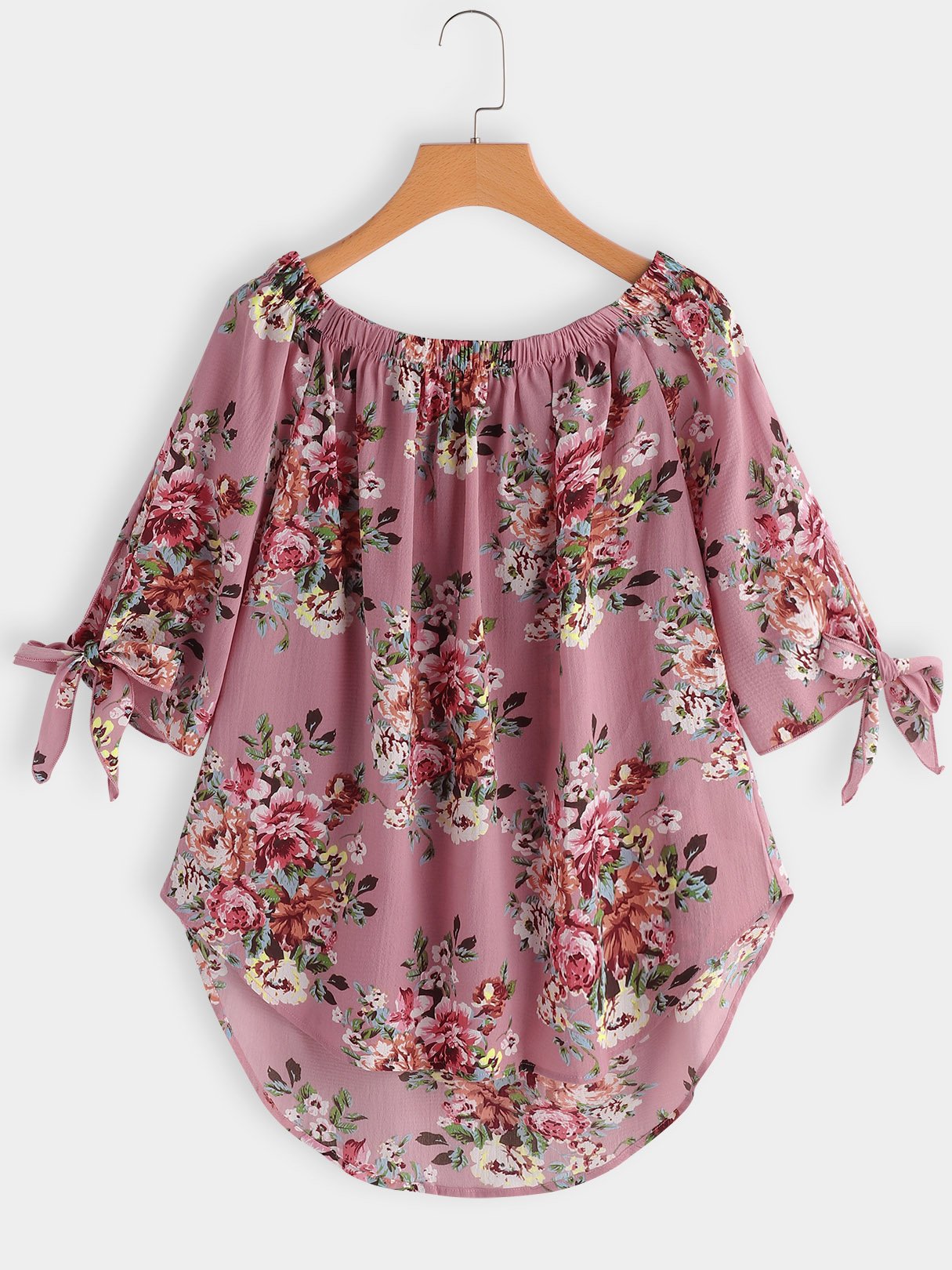 Wholesale Off The Shoulder Floral Print Self-Tie 3/4 Sleeve Curved Hem Blouses