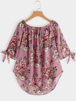 Wholesale Off The Shoulder Floral Print Self-Tie 3/4 Sleeve Curved Hem Blouses
