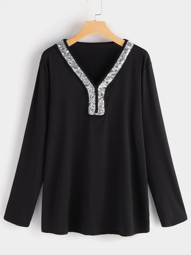 Wholesale V-Neck Sequins Embellished Long Sleeve Plus Size Tops