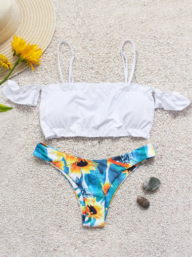 Wholesale White Short Sleeve Floral Print Spaghetti Strap Bikinis