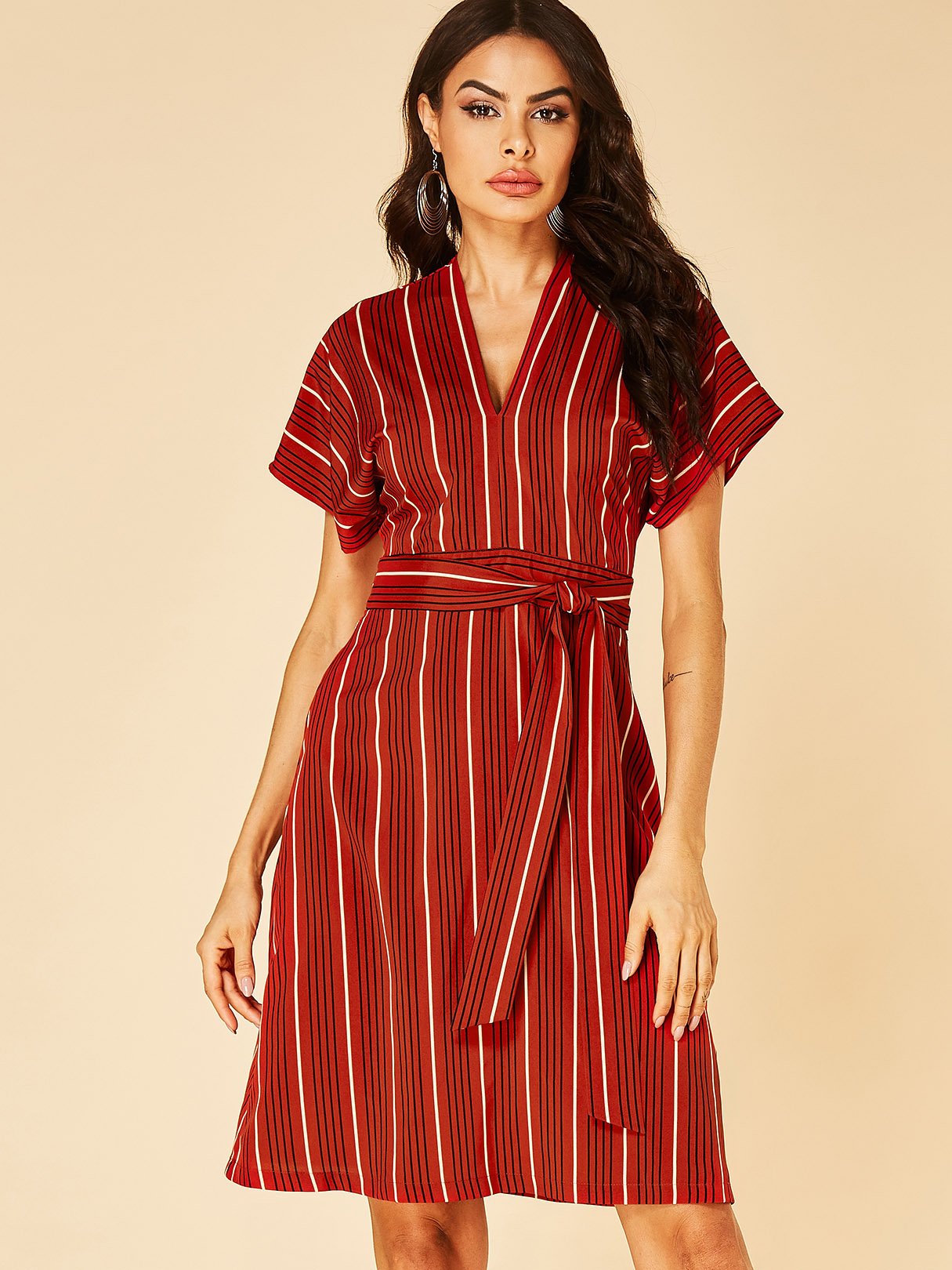 Wholesale Red V-Neck Short Sleeve Stripe Self-Tie Dresses
