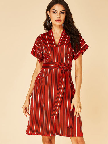 Wholesale Red V-Neck Short Sleeve Stripe Self-Tie Dresses