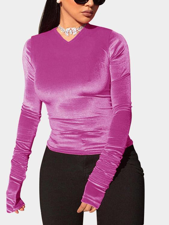 Wholesale Velvet Fabric V Neck Long Sleeve Top