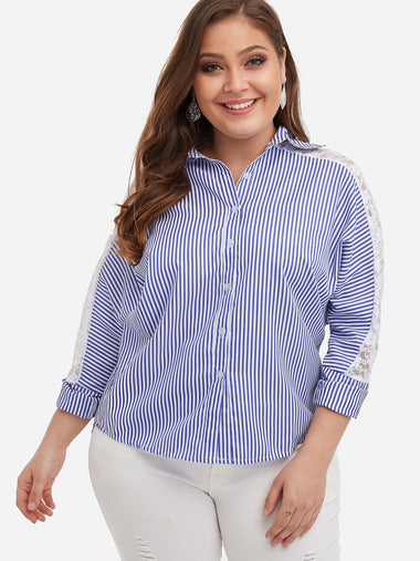 Wholesale Classic Collar Stripe Lace Long Sleeve Plus Size Tops